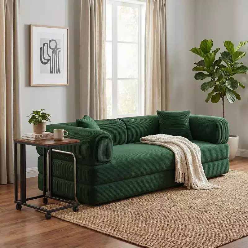 FurnitureR Convertible Sofa Bed with Rolling Side Table Set, Modern Corduroy Couch with Movable Snack Table for Living Room, Apartment, Small Space