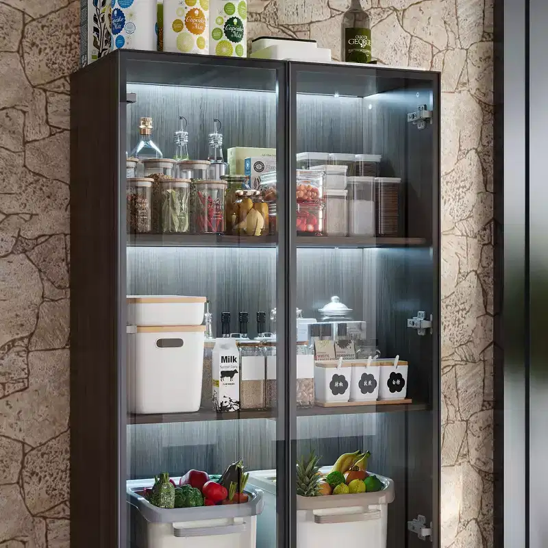 Famapy Kitchen Storage Cabinet Adjustable Shelf Pantry 3-Light Kitchen Hutch Glass Door Kitchen Cabinet Dark Wood Grain Organizer for Kitchen & Bar