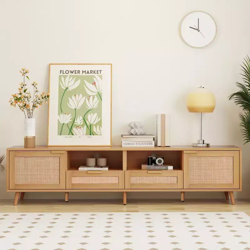 78.74 Inch Natural Rattan TV Stand for TVs up to 85 Inches Media Console with Solid Wood Legs for Living Room Home Theatre