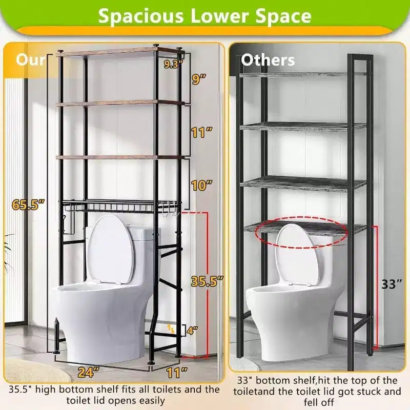 Over - Toilet Storage Shelf 4 - Tier Bathroom Organizer Cabinet Rack With Waterproof Feet Pad And Basket Brown