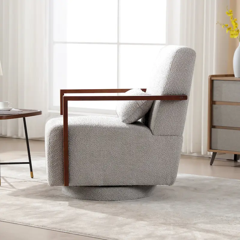Mid-Century Boucle Upholstered Swivel Armchair With Pillow