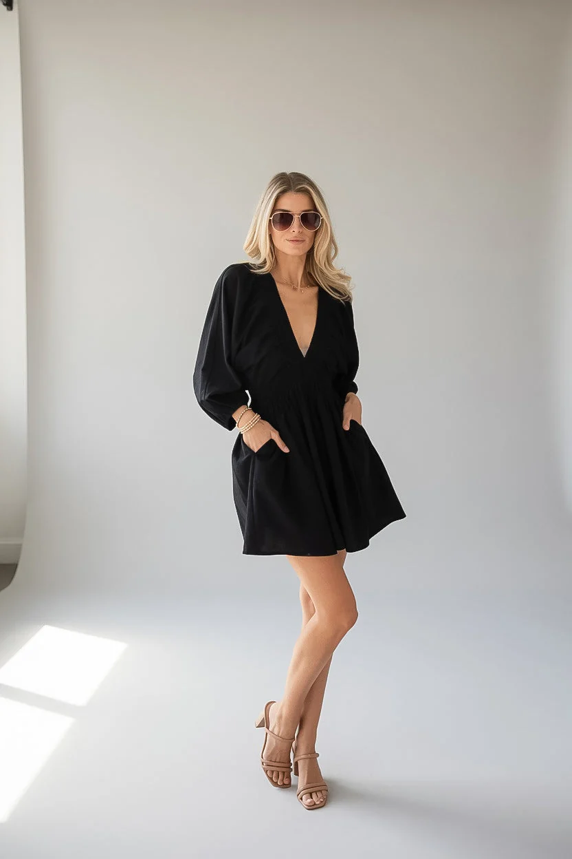 Smocked Waist Balloon Sleeve A-Line Mini Dress
