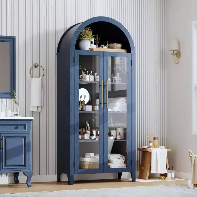 Arched Kitchen Pantry Cabinet - Farmhouse 5 Tier Display Shelf with Adjustable Shelf and 2 Large Glass Doors, Versatile Storage Cupboard