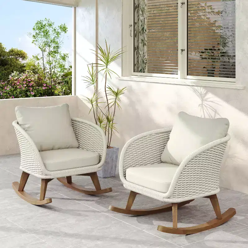 Christopher Knight Home Hattie Patio Contemporary Rattan and Acacia Wood Rocking Chair with Cushion (Set of 2)