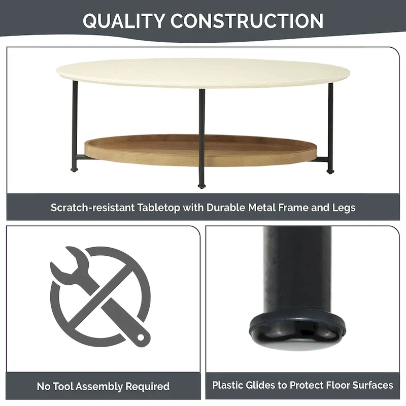 Oval Coffee Table with White Top and Natural Shelf