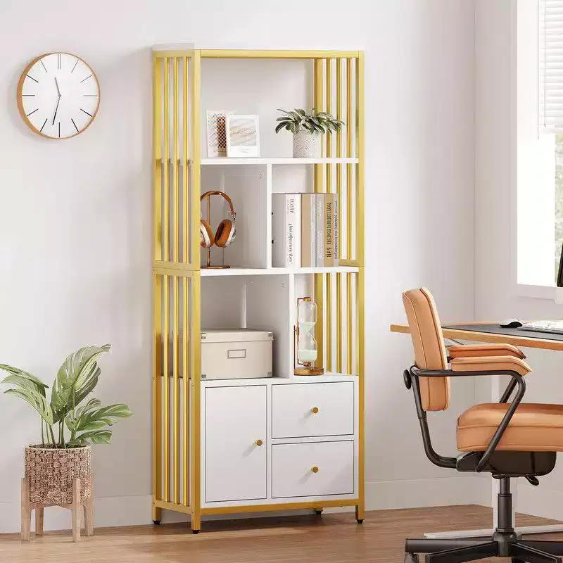 62 Gold Bookshelf 3 Drawers & Door, 4-Tier White Gold Bookcase with Metal Frame, Floor Standing Display Storage Cabinet