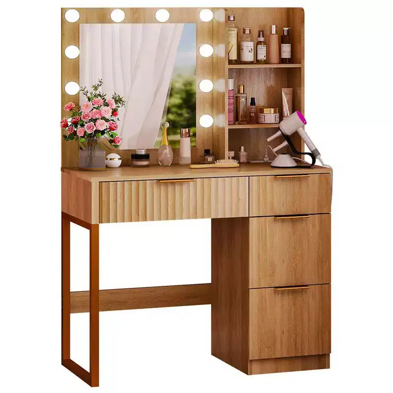 White Particle Board Veneered with Textured Melamine 4-drawer 2-shelf with 10 Three-color Dimmable Bulbs with Power Strip Dressing Table