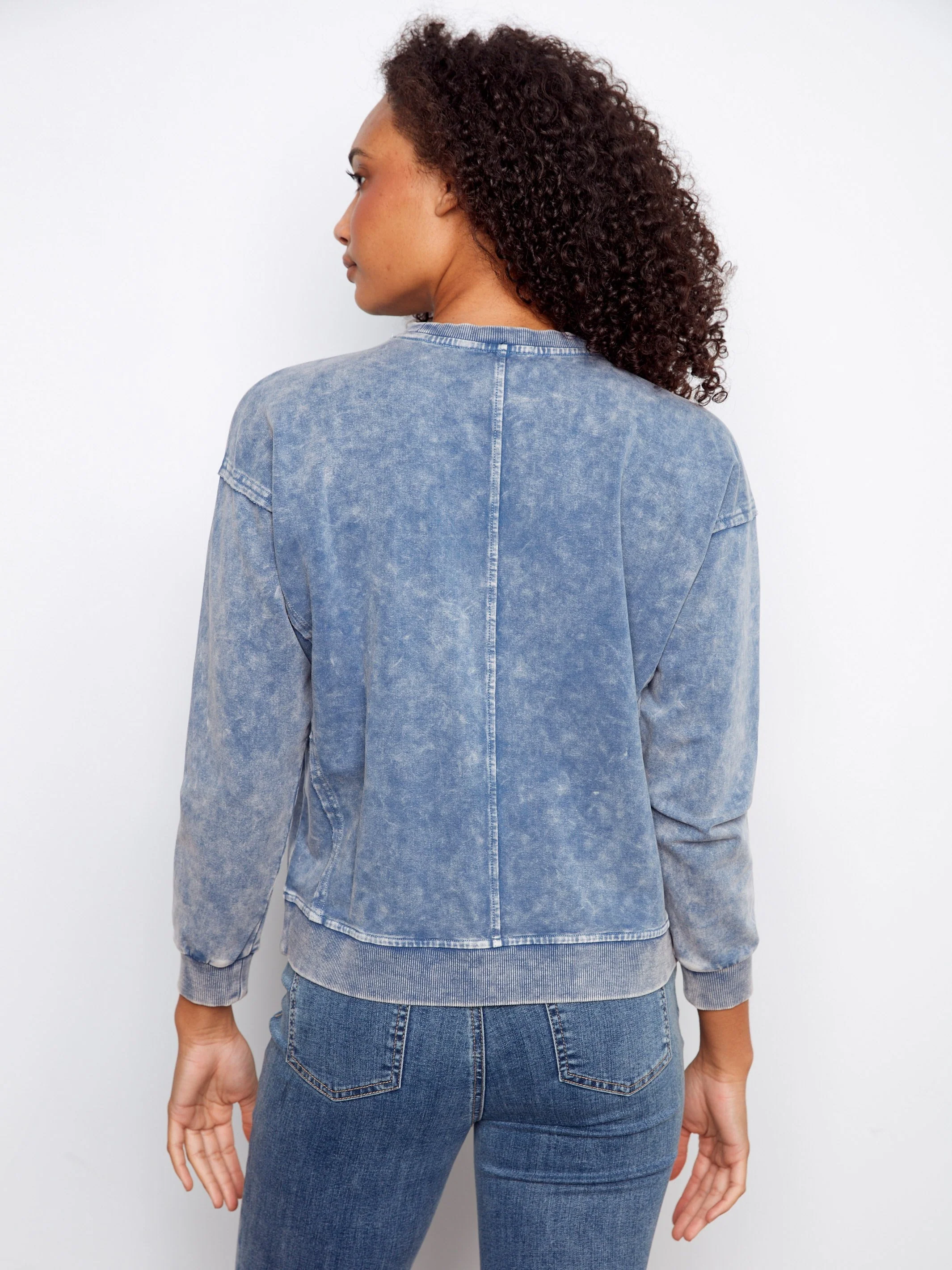 Long Sleeve Top With Flower Appliqué - Denim