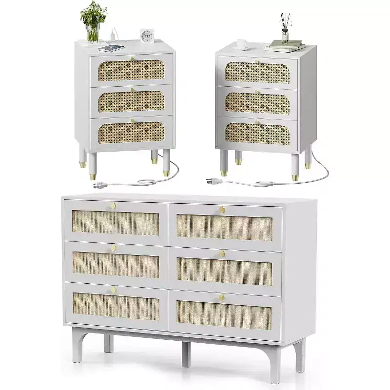Rattan Dresser and Nightstands Sets 3 Piece, White Nightstands with Charging Station Set of 2, 6 Drawer Double Dresser