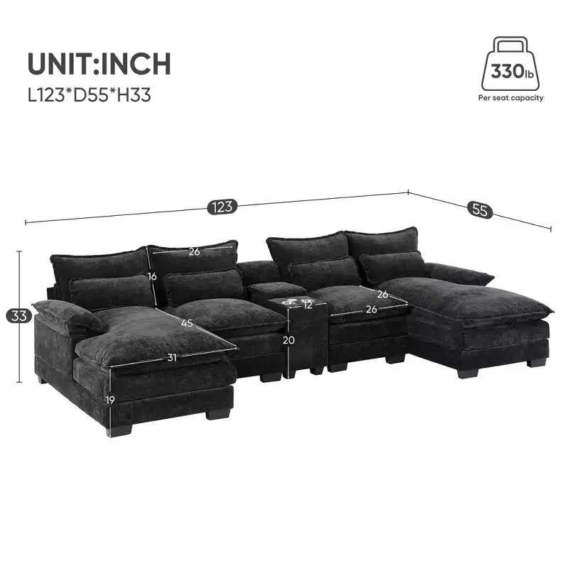 123'' U-Shaped Sectional Sofa with USB Charging, Cup Holders & Console, 6-Seater Chenille Couch with Double Cushions for Living Room
