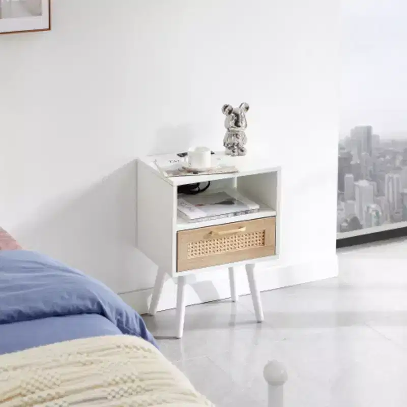 15.75 Rattan End table with Power Outlet & USB Ports , Modern nightstand with drawer and solid wood legs, side table for living room, bedroom, white