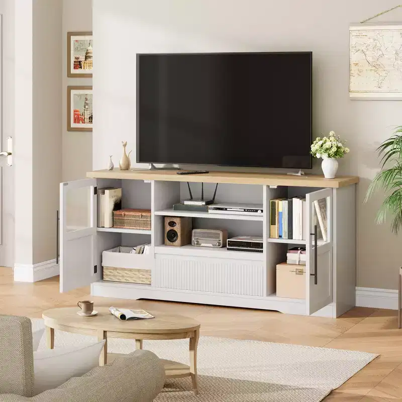 TV Stand Fits TV up to 72'', Wave Pattern Entertainment Center with 2 Glass Door Cabinets, TV Media Console with 2 Open Doors (Natural+White)