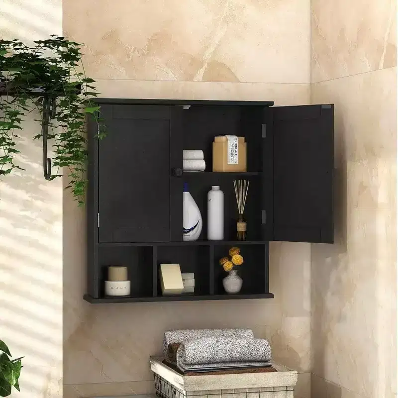 Black Bathroom Over Toilet Storage Cabinet Wall Cabinet Organizer with 2 Door Adjustable Shelves Wooden Modern Bathroom