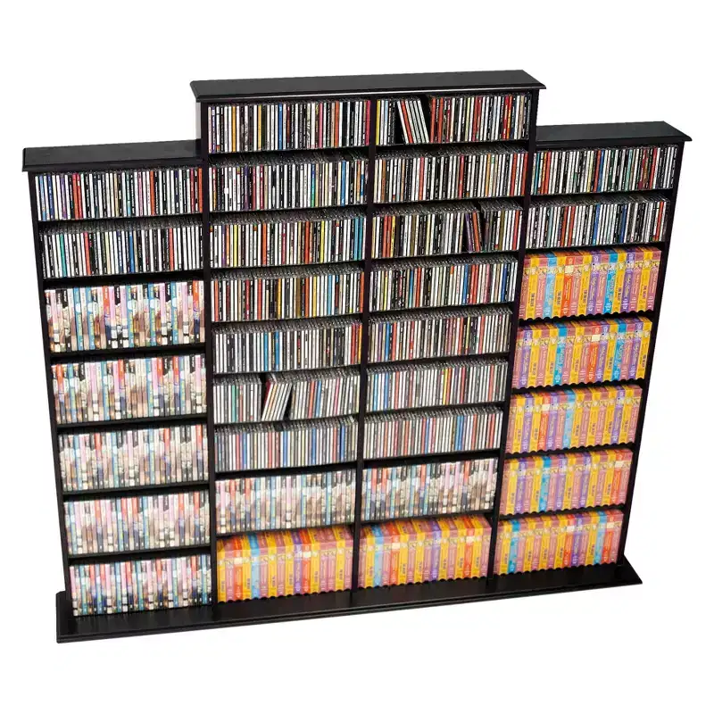 Media Storage Rack Black: Holds 1520 CDs, 702 DVDs, 34 Adjustable Shelves, Wood Composite