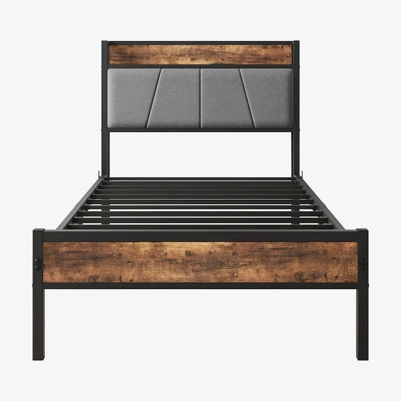 Twin Size Bed Frame, Storage Headboard with Charging Station, No Box Spring Needed