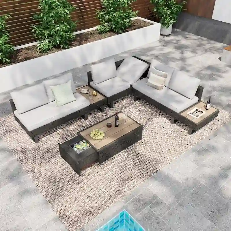 5-Piece Weave Patio Sectional Furniture Set with Extendable Coffee Table with Ice Bucket