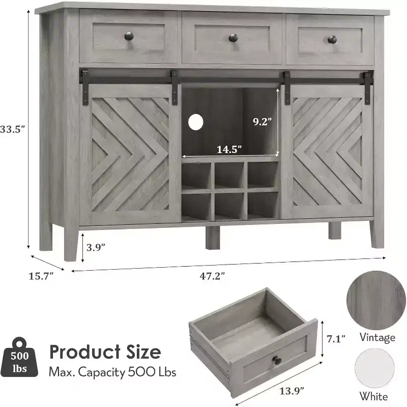 Acekool 47.2 Farmhouse Buffet Cabinet, Rustic Sideboard with Sliding Doors, 3 Drawers, Adjustable Shelves, Removable Wine Rack, White
