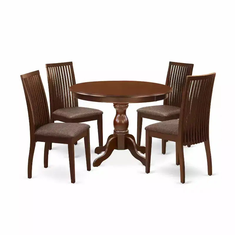 HomeStock 5-Piece Mahogany Finish Solid Wood Top Dining table with 4 Chairs with Slat Back