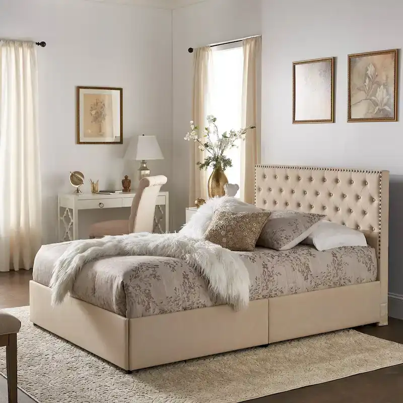 Storage Platform Bed with Tufted Linen Headboard – Beige, Bronze Nailhead Trim, Full / Queen / King