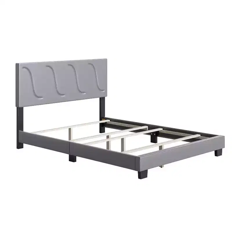 Boyd Sleep VMI0404GYEK Brussels Faux Leather Upholstered King Size Platform Bed Frame with Decorative Headboard and Wood Slat Supports