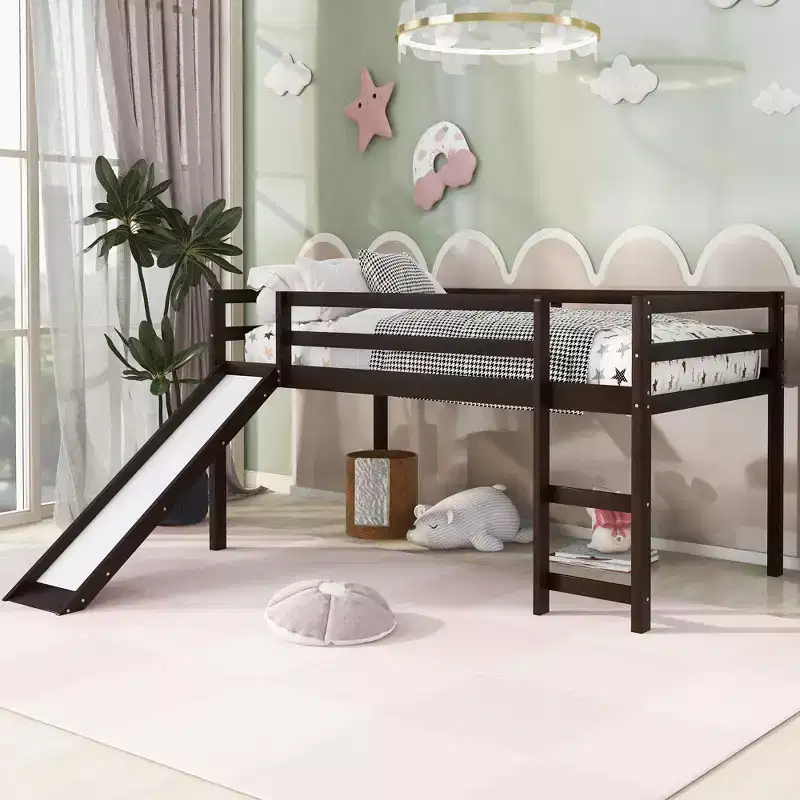 Whisen 79.5L x41.8W Elegant Twin Size Low Loft Bed with Built-in Ladder and Slide, Multifunctional Design