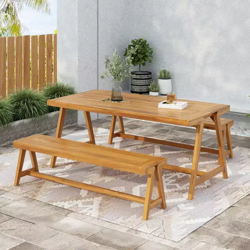Outdoor 3-Piece Acacia Wood Picnic Table Set, Rectangular Table with 2 Benches, Compact Patio Dining Set for Balcony, Deck, Camping-Panipeachy