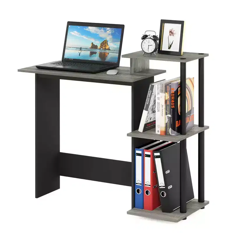 Modern Computer Desk Home Office Writing Study Laptop Table Workstation with CPU Stand & Open Storage Bookshelf, Oak Grey/Black