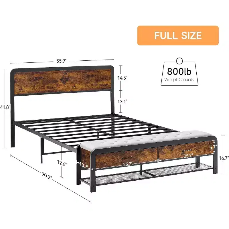 Queen&Full Bed Frame with Storage, Upholstered Headboard & 2 Large Drawers, Ottoman Bench Footboard, Metal Slat Support System, Easy Assembly