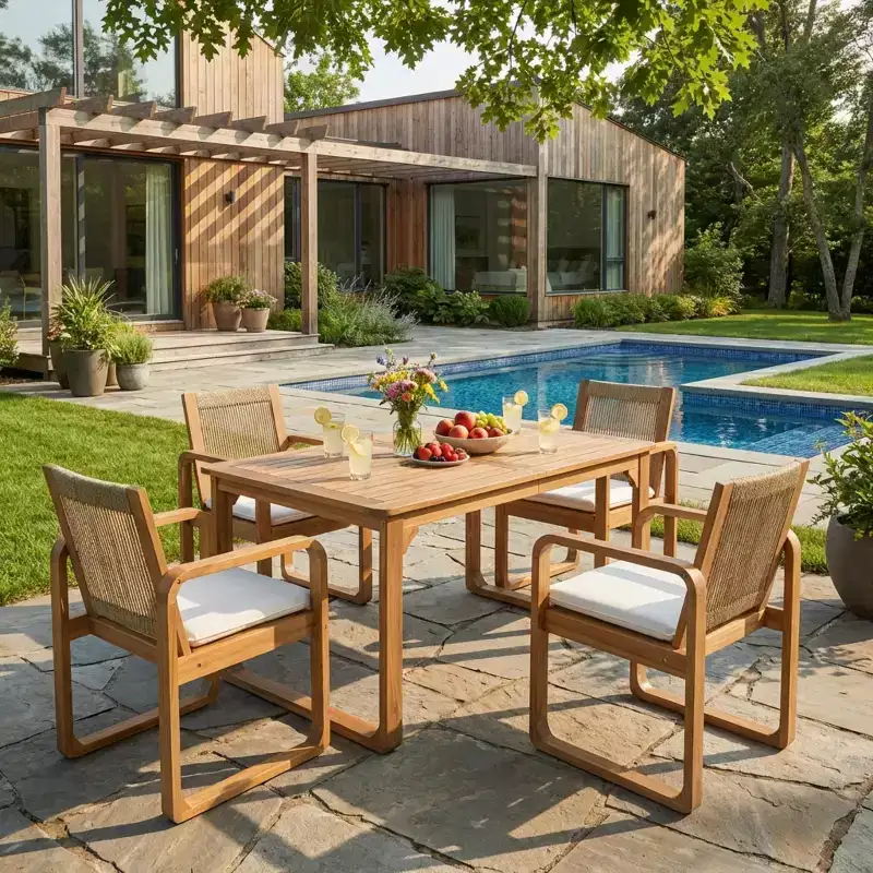 ModernLuxe 5/7-Piece Outdoor Dining Table Set, 71 Acacia Wood Table with Cushions + 6 Rope Back Dining Chairs, Light Teak Finish