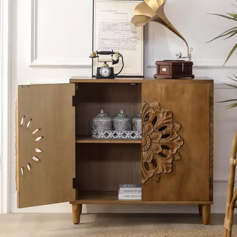 GDFStudio Firae 31'' Bohemian Hand-Carved Wooden 2-Door Storage Cabinet