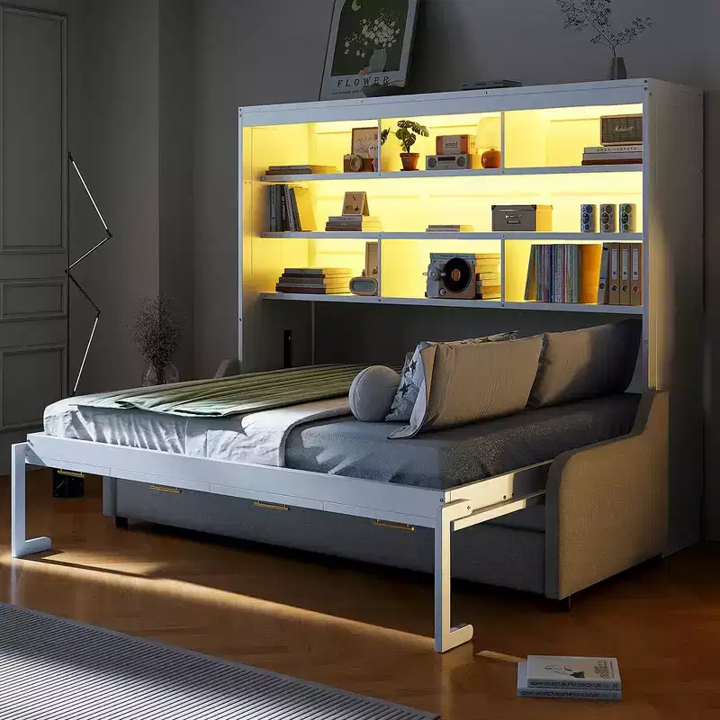 Wood Queen Size Murphy Cabinet Bed with Folding Sofa,Built-in Storage Shelves and LED Light
