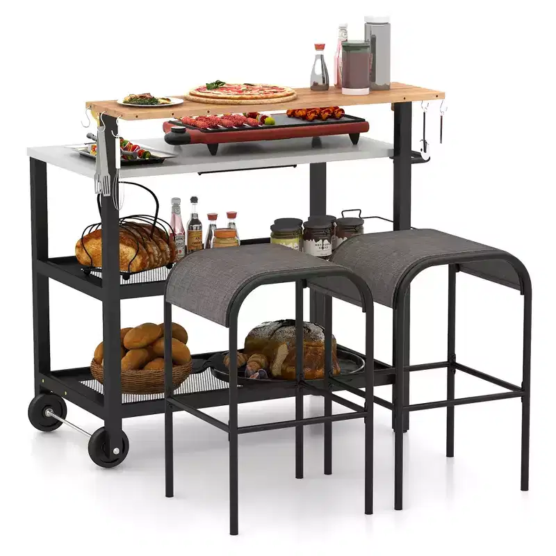 Costway Rolling Bar Cart w/ Flip-up Table Hooks Paper Towel Holder 2 Bistro Stools
