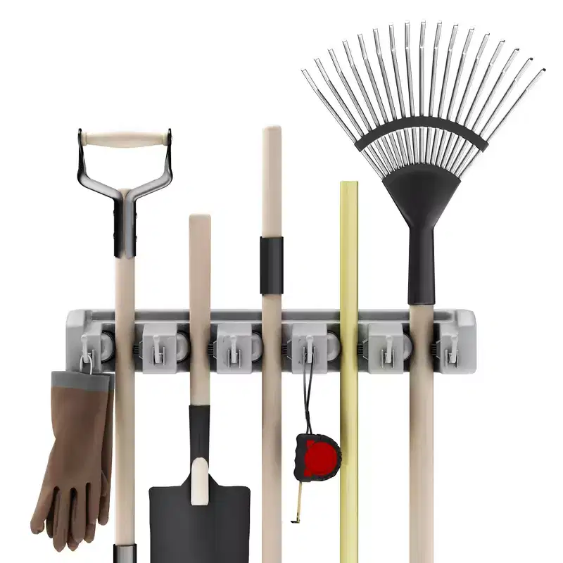 Wall Organizer with Adjustable Slots and Hooks - Wall-Mounted Tool and Broom Holder - Organization and Storage