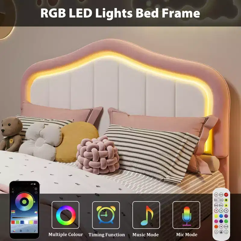 Twin Upholstered Platform Bed with LED Headboard & Storage Drawer, Pink/White, Wood Slats, No Box Spring, Quiet, Easy Assembly, for Kids