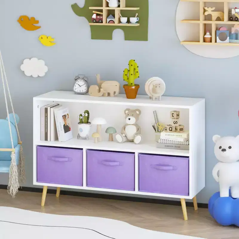 Kids bookcase with Collapsible Fabric Drawers, Children's Book Display, Toy Storage Cabinet Organizer, White/Purple
