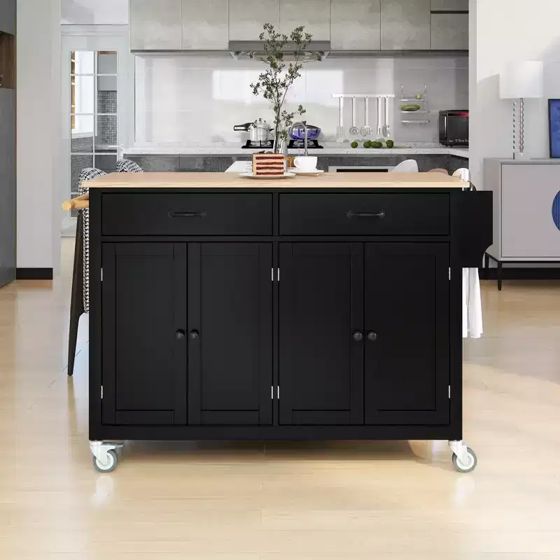 Whisen Modern Wood Kitchen Island with Spice Rack and Drawers