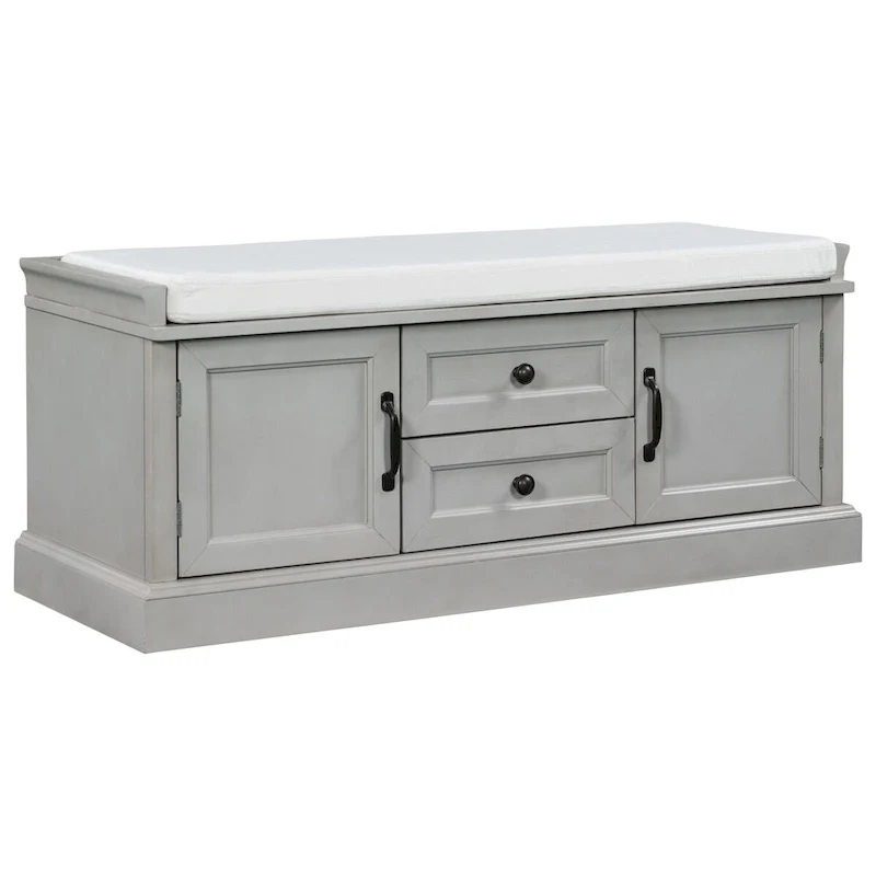 Storage Bench with 2 Drawers, 2 Cabinets and Removable Cushion - 42.5L x 15.9W x 17.5H