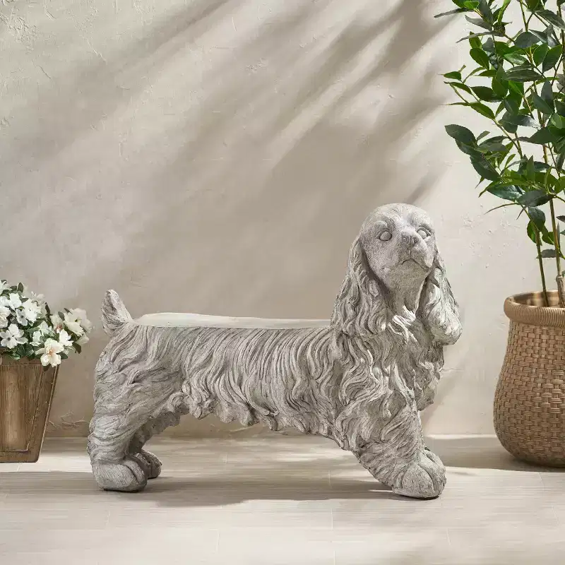 GDFStudio Rayshon Outdoor Lightweight Concrete Cocker Spaniel Dog Bench, Gray