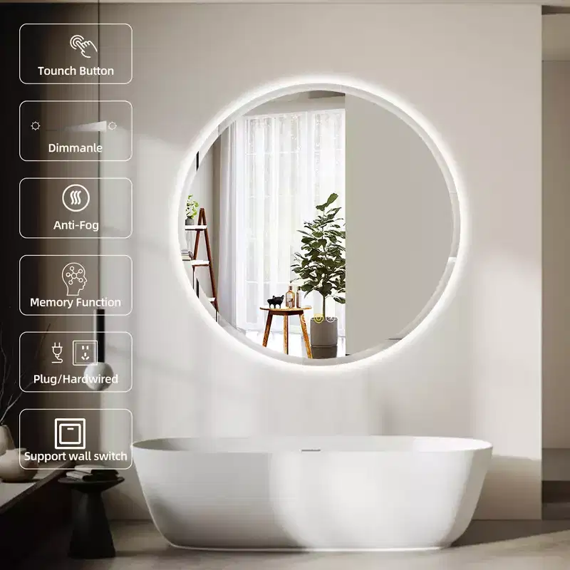 Stufurhome Round Beveled Edge 3 Colors Dimmable LED Anti-Fog Memory Wall Mount Bathroom Vanity Mirror
