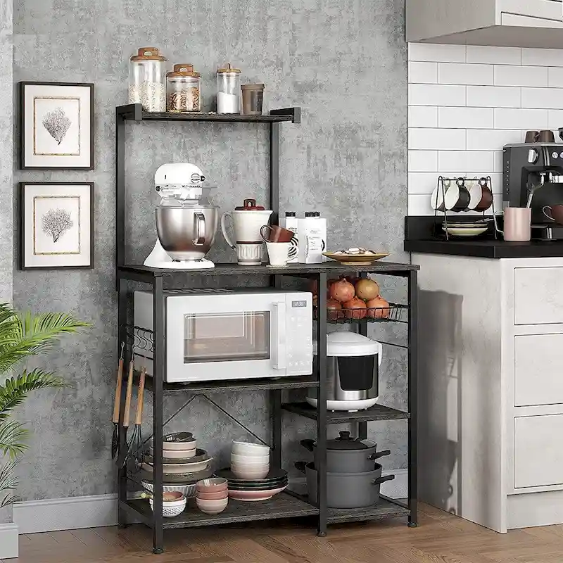 Kitchen Microwave Oven Stand Shelf with Wire Basket and 6 S-Hooks - 35.4L x 15.7W x 52H