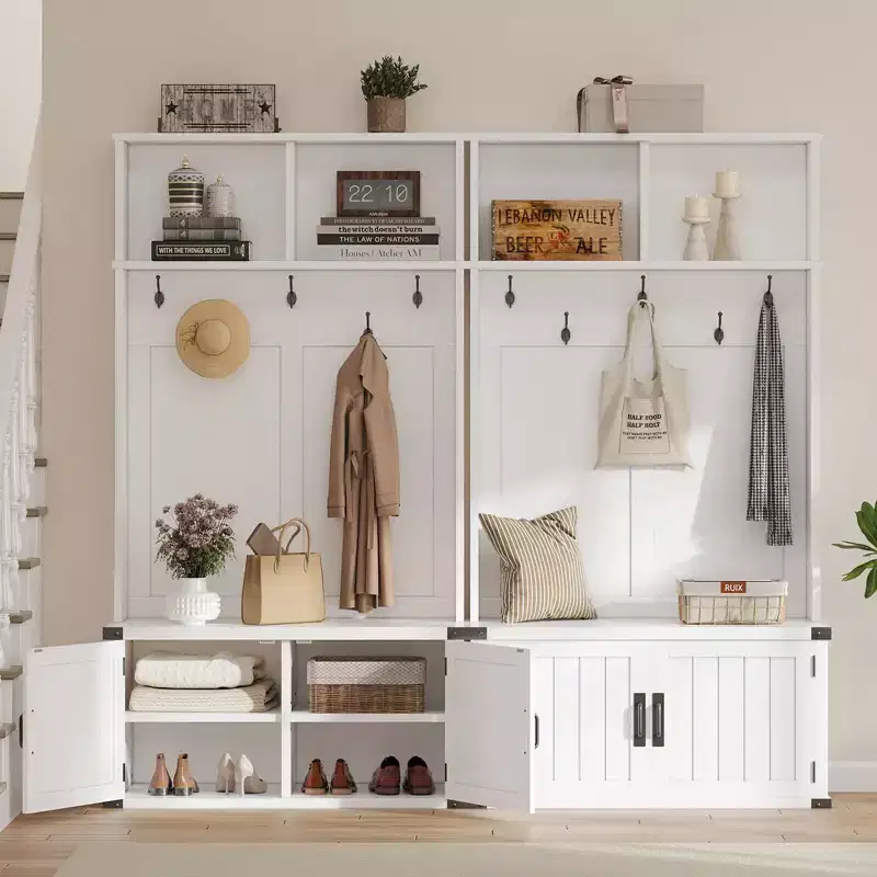 76 inch Hall Tree with Bench and Shoe Storage, 4-in-1 Entryway Mudroom Bench with Coat Rack and 5 Hooks, Adjustable Shelf