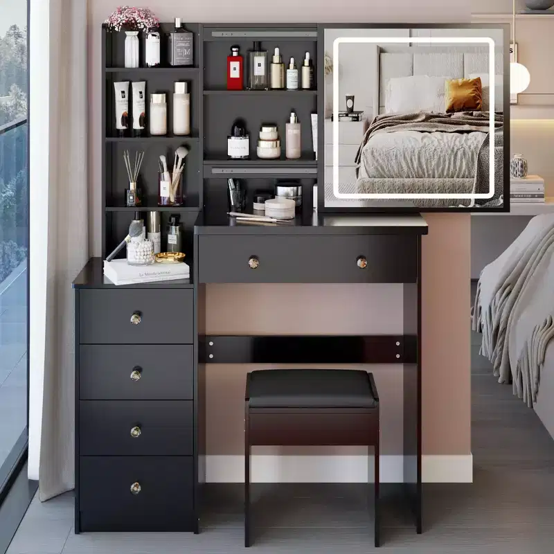 Okak Vanity Table Mirror with Lights and Table Set, 37 Large Left Bedside Cabinet Vanity Table and Cushioned Stool,Black