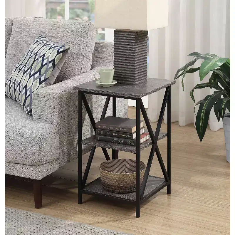 3-Tier Rectangle Metal End Table, Black Cross Frame, 24
