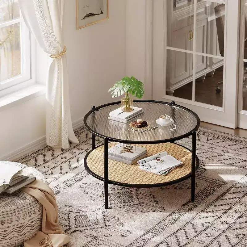 Acekool Boho Round Coffee Table, 30 Water-Wave Glass Top, 2-Tier Faux Rattan Storage, Metal Frame