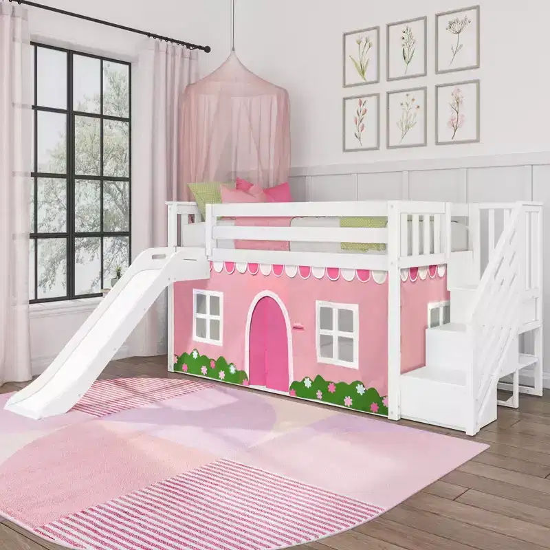 Low Twin over Twin Bunk With Stairs, Easy Slide & Light Pink & White Farmhouse Curtain