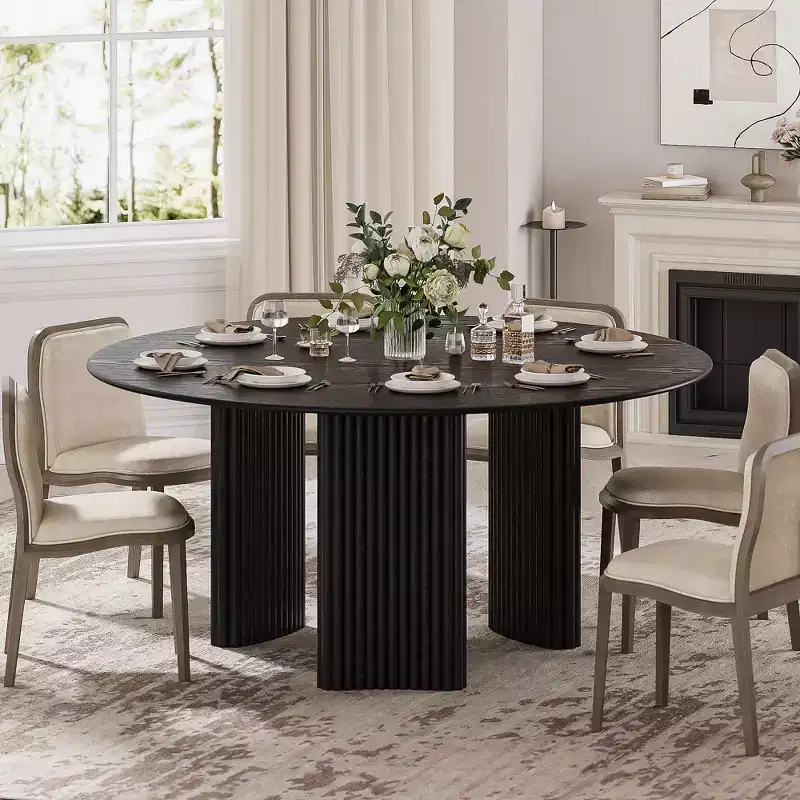 PexFix 60 Modern Round Dining Table with Striped Column Legs Solid Wood Kitchen Table Anti-Scratch Footpads for Dining Room & Kitchen Bar in Black