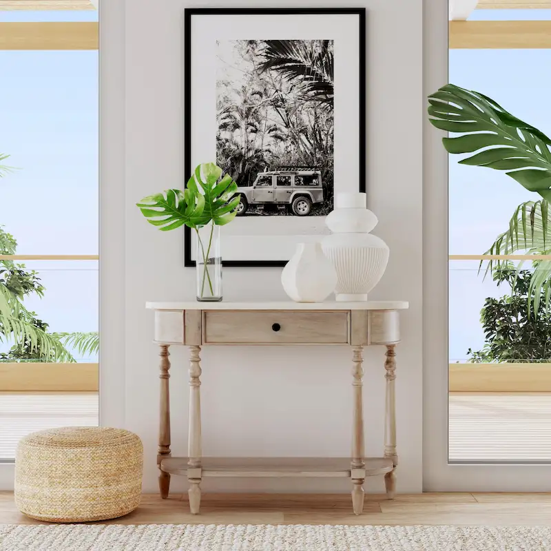 Marble Top Console Table – Light Brown / Grey / Washed Black, Demilune, 1-Person Assembly
