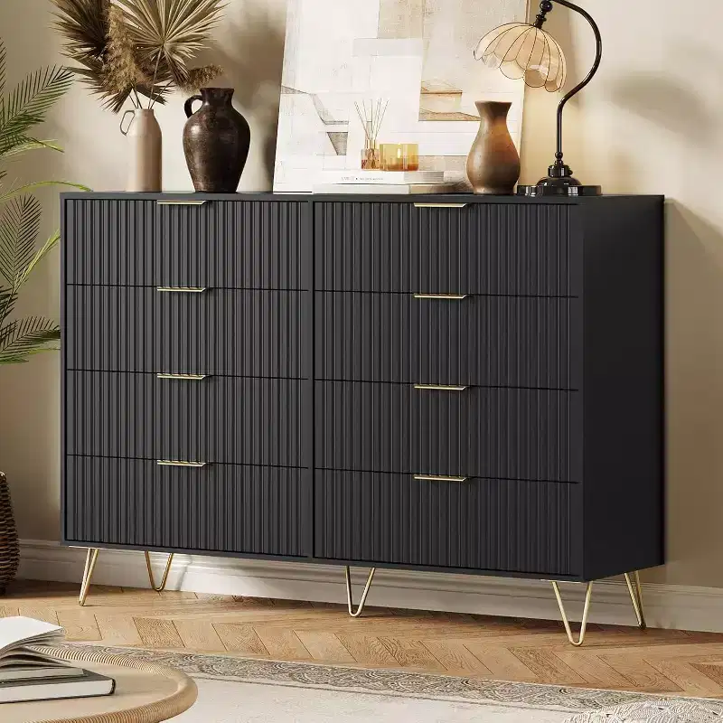 Modern 55 Fluted 8-Drawer Wooden Dresser with Metal Handles - Versatile Storage Organizer & TV Stand for Bedroom and Living Room.