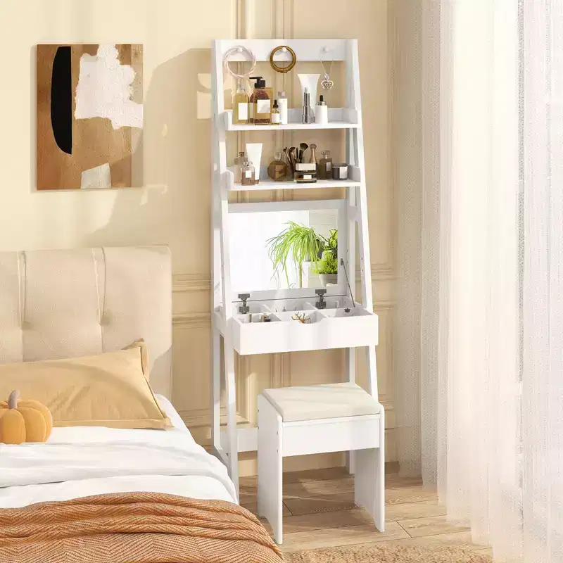Vanity Desk with Flip-up Mirror and Stool, 3-Color Lighting & 6 Compartments