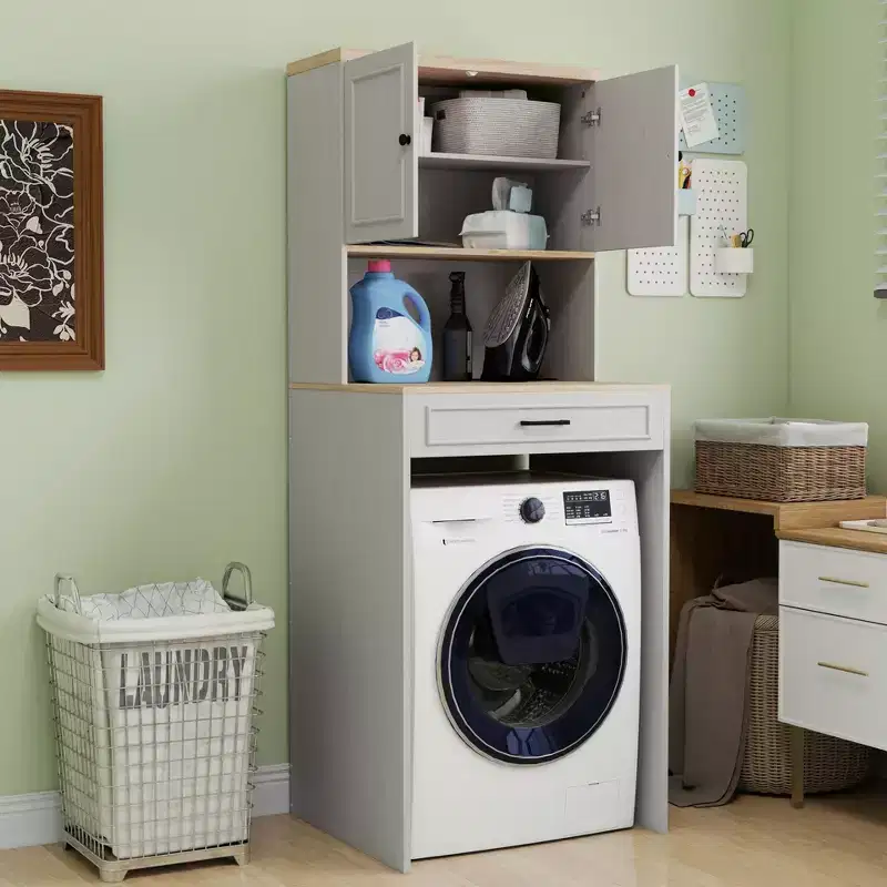 71.65''H Modern Over the Washing Machines Storage Cabinet with Adjustable Shelf, Fake Drawer and 1 Door
